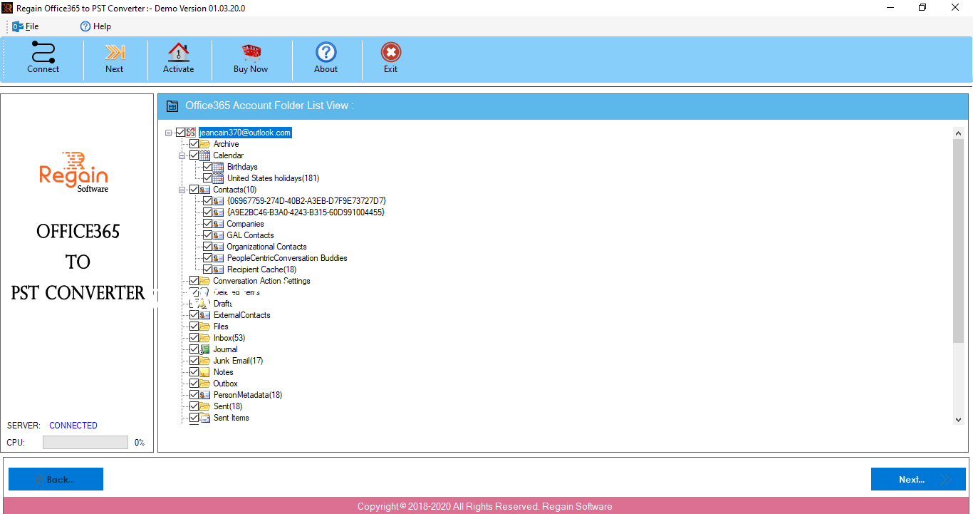 Regain Office 365 to PST Converter Screenshots